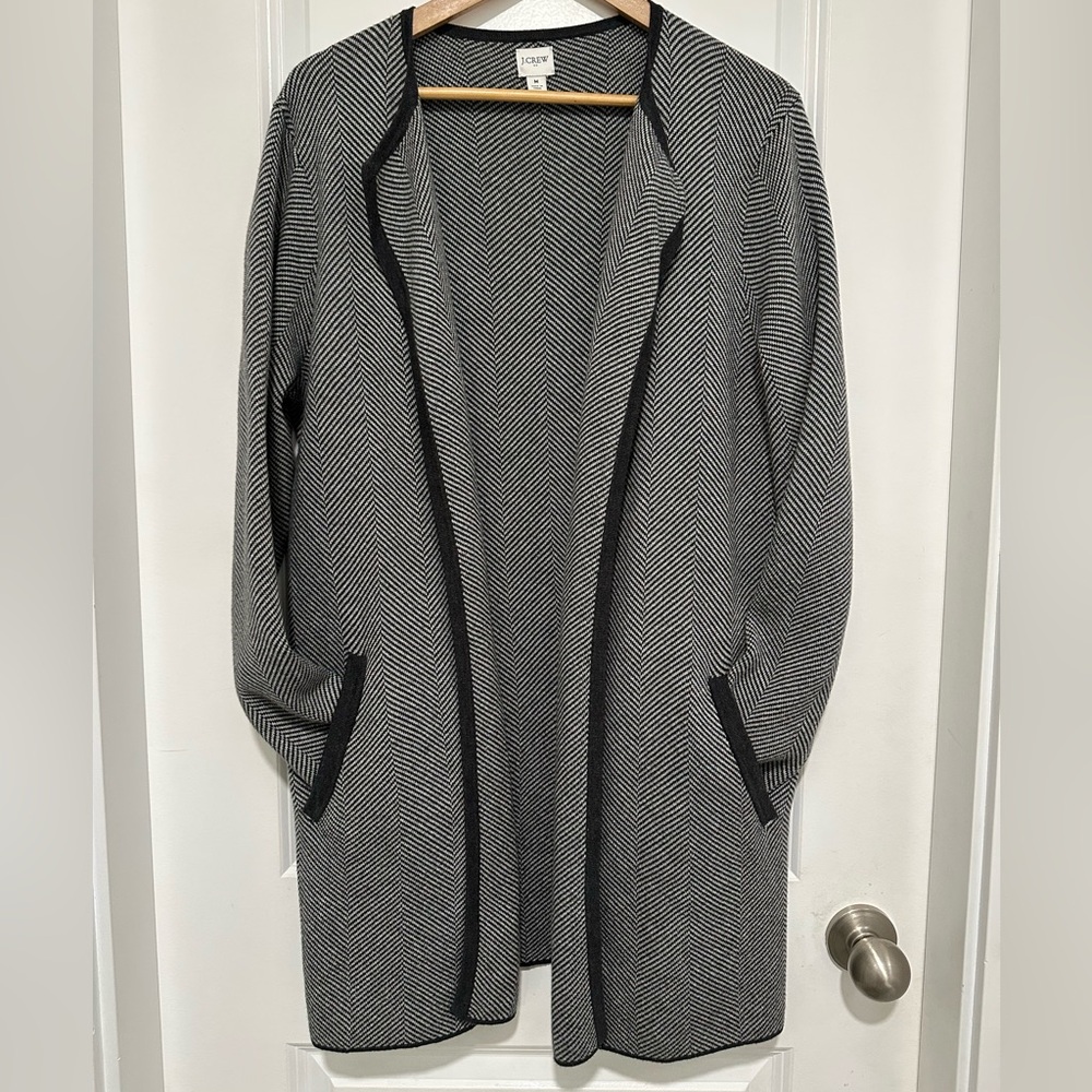 J. Crew Factory Vanessa Sweater Jacket Black and White Herringbone Open Cardigan